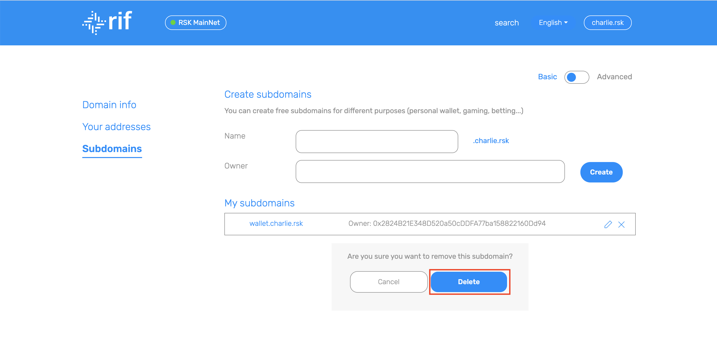 Operations - Delete subdomain